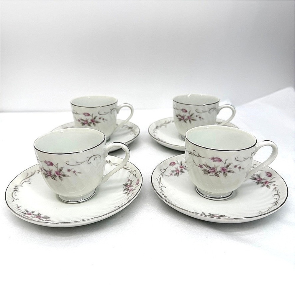 Gold Standard Demitasse Cups & Saucers Floral Platinum Trim VTG Set of 4 NOS